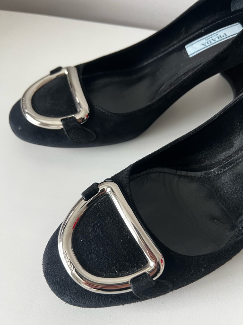 Prada Black Suede Pumps with Silver Buckle - Picture 2 of 10